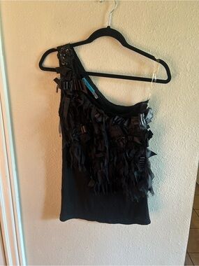 Alice + Olivia Black One-Shoulder Ruffle & Ribbon Top with Sequin Flower XS